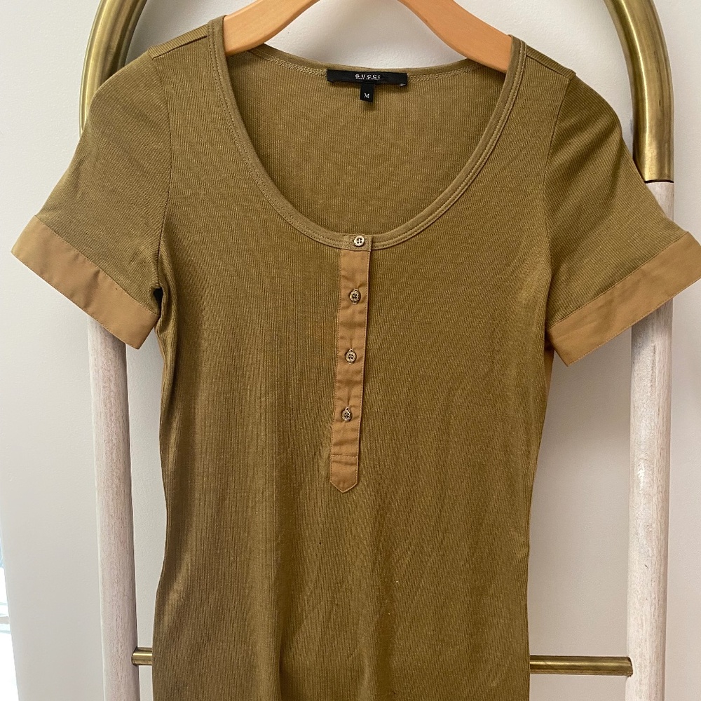 Gucci Ribbed Short Sleeves Silk Cotton Khaki Green Top Italy Size M